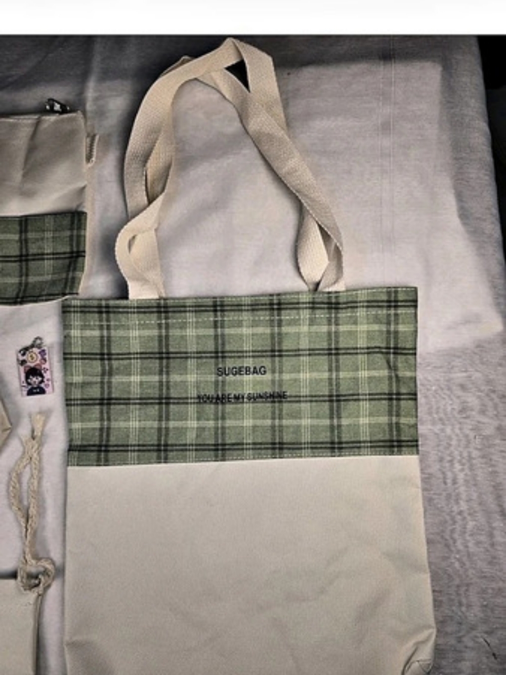 SUGEBAG Plaid Tote in Green & Cream Like New